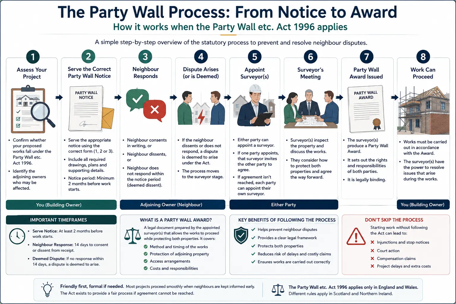 Do I Need a Party Wall Agreement? An infographic showing the party wall process from notice to award in a very interactive way for the citizens living in Berkhamstead, UK