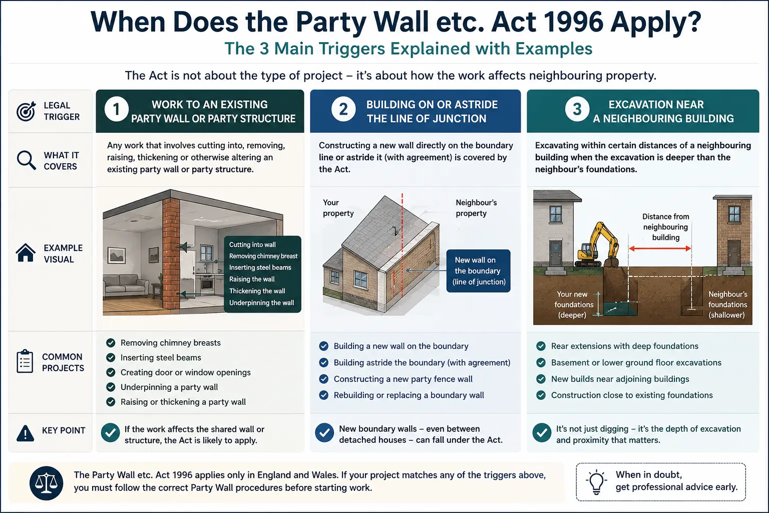Do I Need a Party Wall Agreement? An infographic showing when does the party wall etc act 1996 apply like excavation, junction, painting, in Berkhamstead, UK